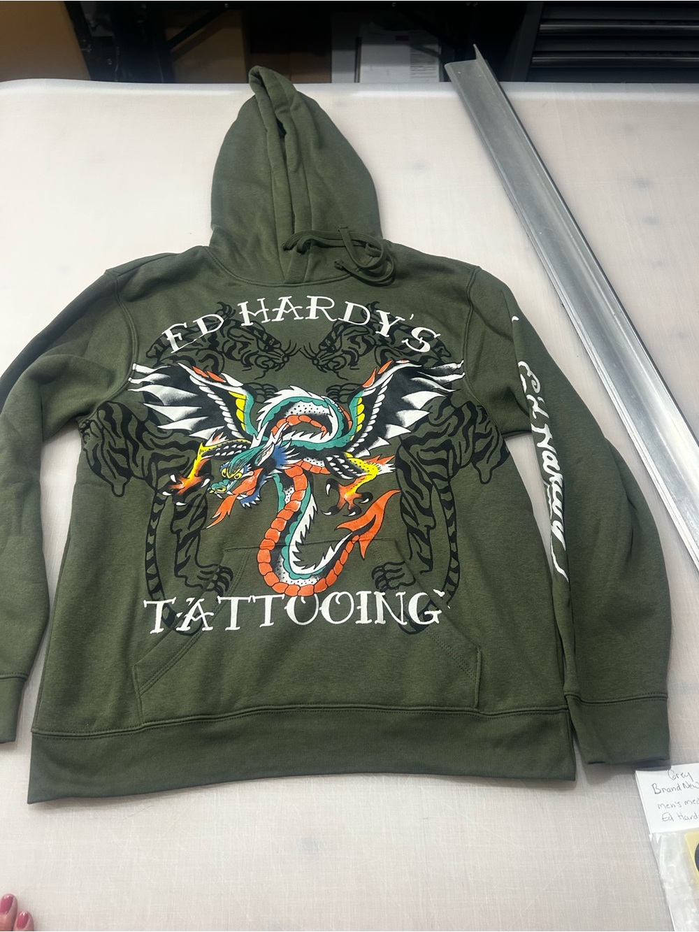 Ed Hardy Olive Green hoodie  with Multicolor Tattoo Dragon